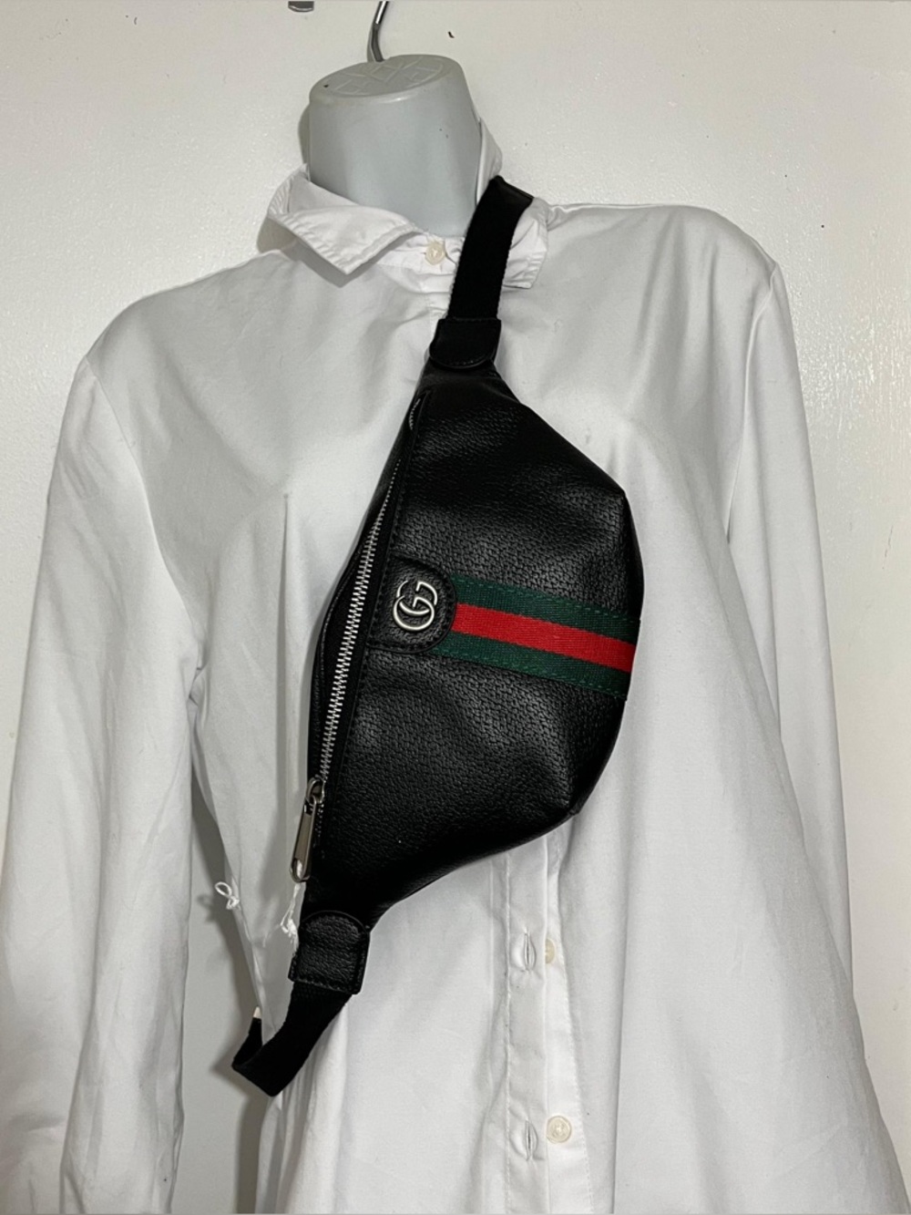 Black Leather Belt Bag with Green & Red Stripe
